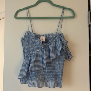 Cinq à Sept Blue Striped Ruffle Tank Top